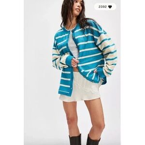 Free People Blue and Cream Striped Button Up Sweater Size Large
